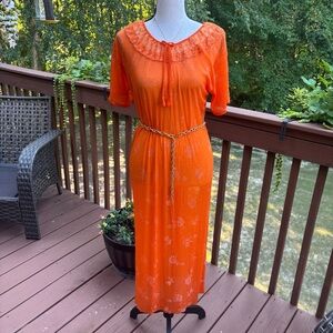 Vintage 70s Sheer Boho Orange Lace Trim Slip Dress, Fits Small or Medium